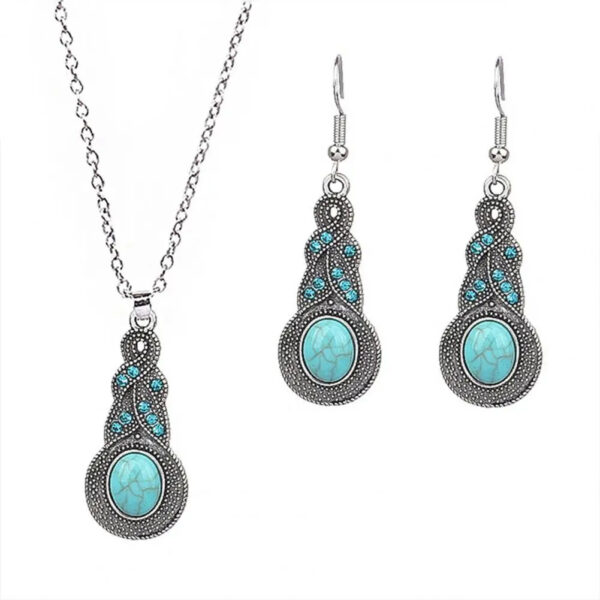 Ethnic Style Faux Turquoise Necklace Earrings Set Women Shining Rhinestones Inlaid Pendant Necklace Hook Earrings Jewelry Set