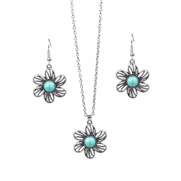 Ethnic Style Faux Turquoise Necklace Earrings Set Women Shining Rhinestones Inlaid Pendant Necklace Hook Earrings Jewelry Set - Image 2