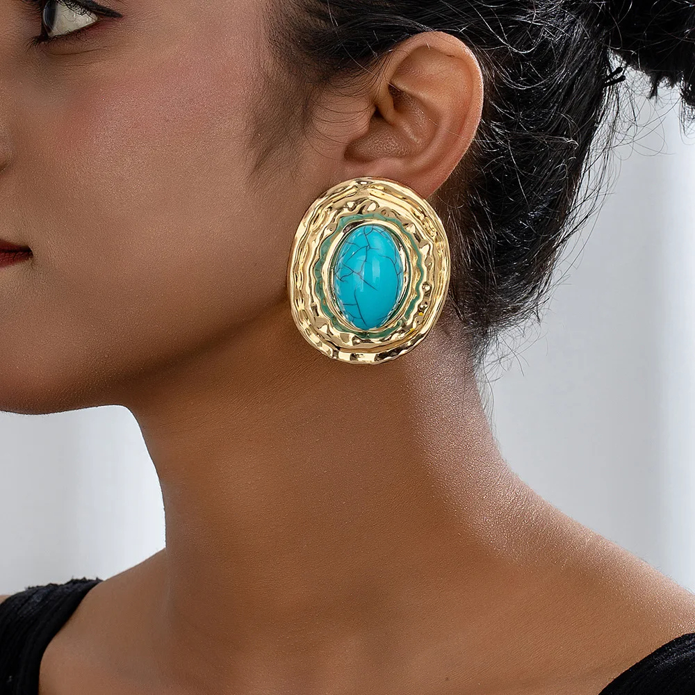 stud earrings for women Exaggerated large size Metal turquoise simple style ear accessories party OL fashion jewelry E520 - Image 7