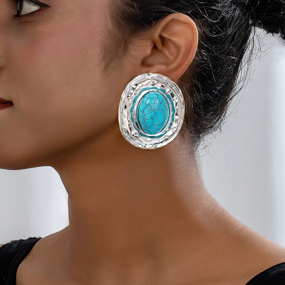 stud earrings for women Exaggerated large size Metal turquoise simple style ear accessories party OL fashion jewelry E520 - Image 10