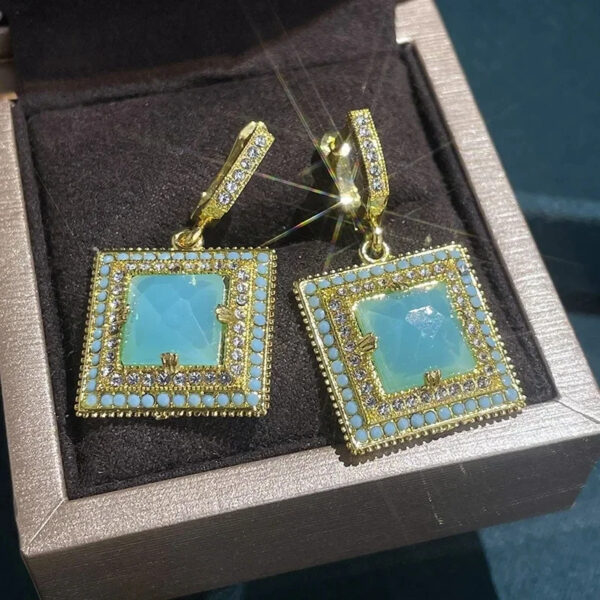 Classical Women Earrings Gold Color Square Green White Stones Dangle Wedding Engagement Party Bridal Jewelry - Image 2