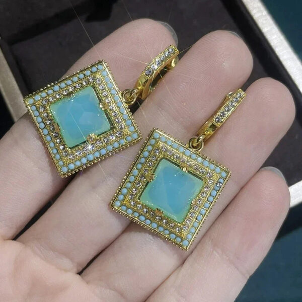 Classical Women Earrings Gold Color Square Green White Stones Dangle Wedding Engagement Party Bridal Jewelry