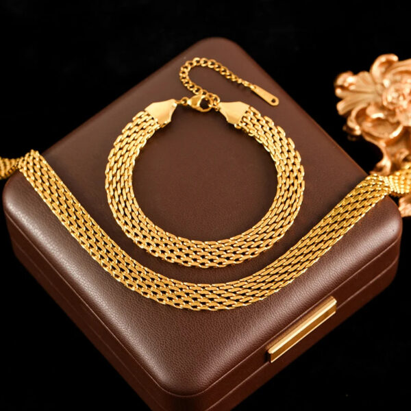 GANEMLY 316L Stainless Steel Metal Wide Chain Necklace Bracelets Waterproof Jewelry Set Gold Color Chain Charm Jewelry Set Gift
