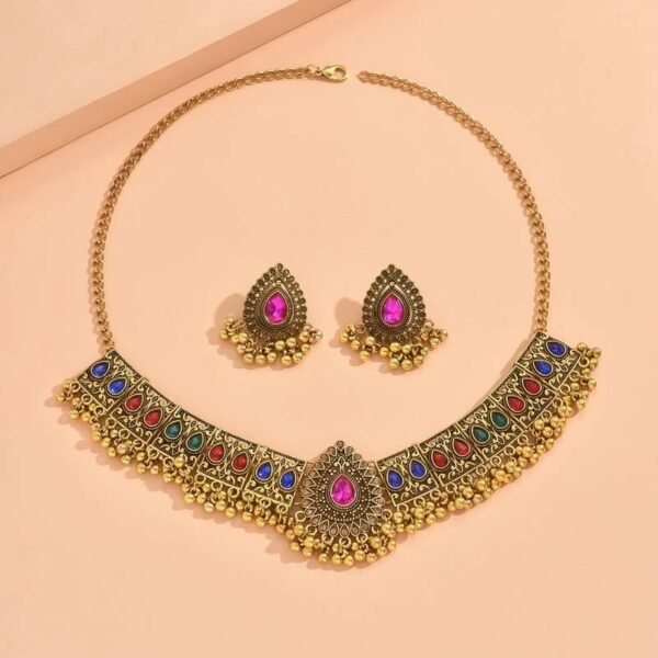 New Fashion Indian Bollywood Traditional Crystal Wedding Temple Choker Necklace Earrings Jewelry Set - Image 2