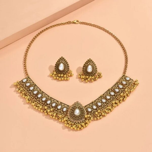 New Fashion Indian Bollywood Traditional Crystal Wedding Temple Choker Necklace Earrings Jewelry Set - Image 3