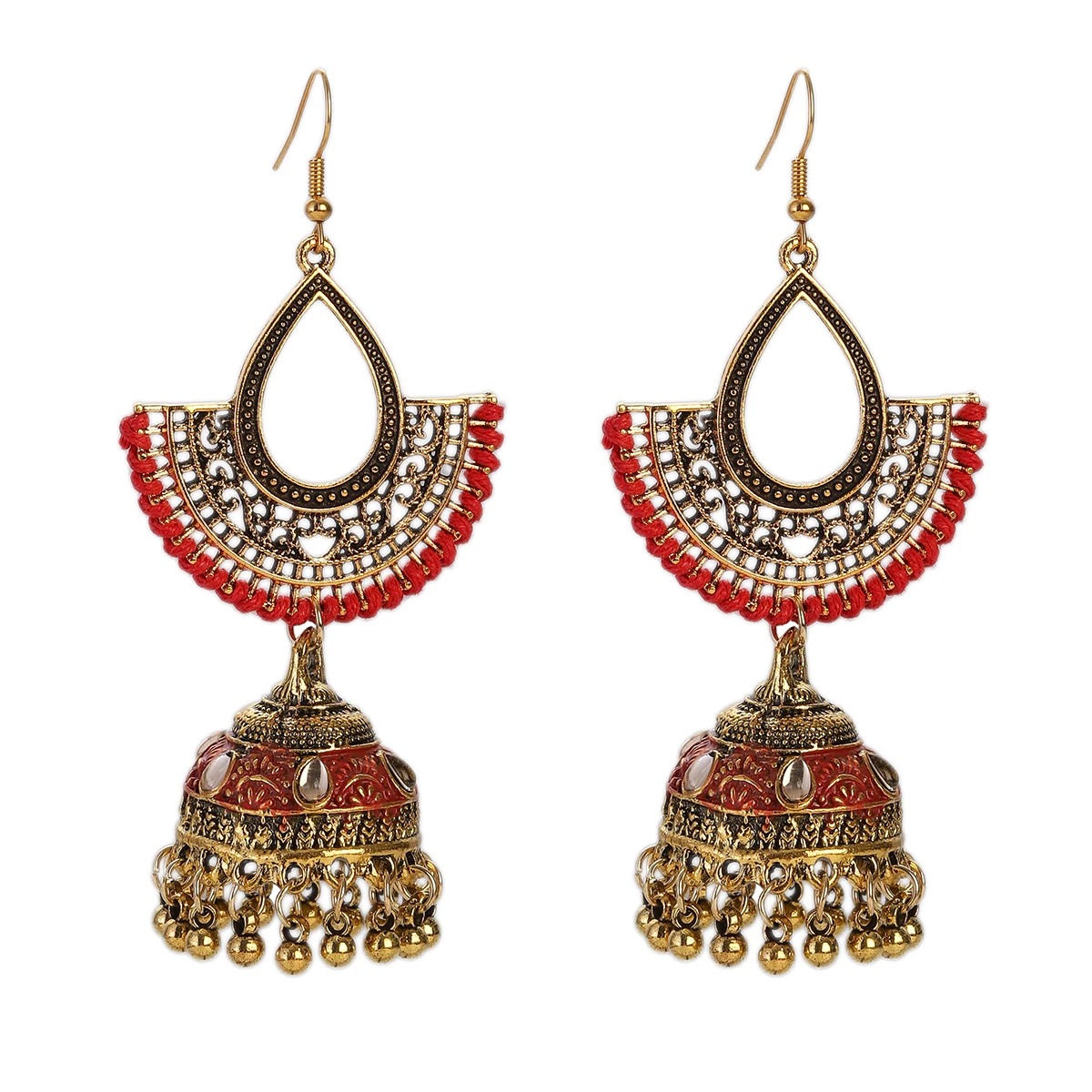 New Vintage Red Rope Geometric Drop Earrings Hollow Carved Crystal Gold Color Tassel Earrings Women's Indian Jhumka Jewelry