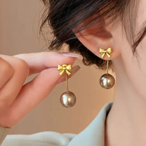 Korean Imitation Pearl Bow Pendant Earrings for Women Minimalist Bowknot Long Tassel Earrings Cute Fashion Jewelry Accessories
