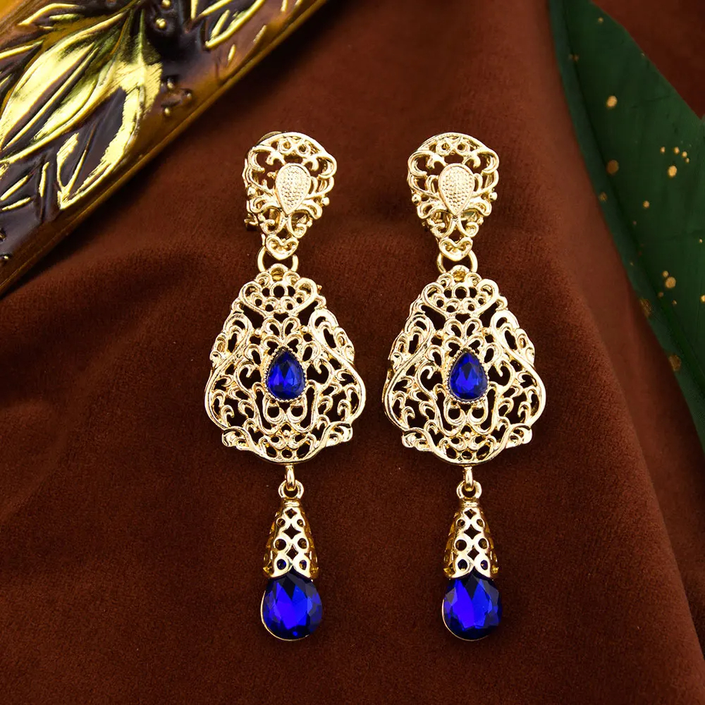 Sunspicems Moroccan Earrings Women's Wedding Jewelry Crystal Hollow Water Droplet ShapePendant Traditional Arab Wedding Jewelry