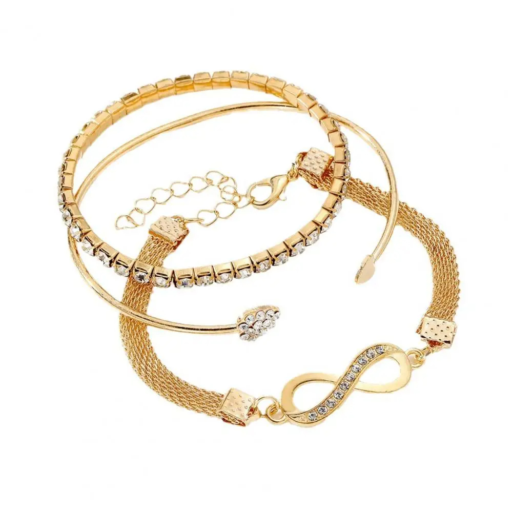 3 Pcs Women Bracelets Rhinestone Decor Hollow Infinite Symbol Heart Stackable Wrist Jewelry Lady Prom Party Wedding Bangle Set - Image 2