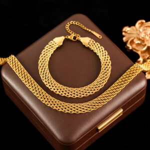 GANEMLY 316L Stainless Steel Metal Wide Chain Necklace Bracelets Waterproof Jewelry Set Gold Color Chain Charm Jewelry Set Gift