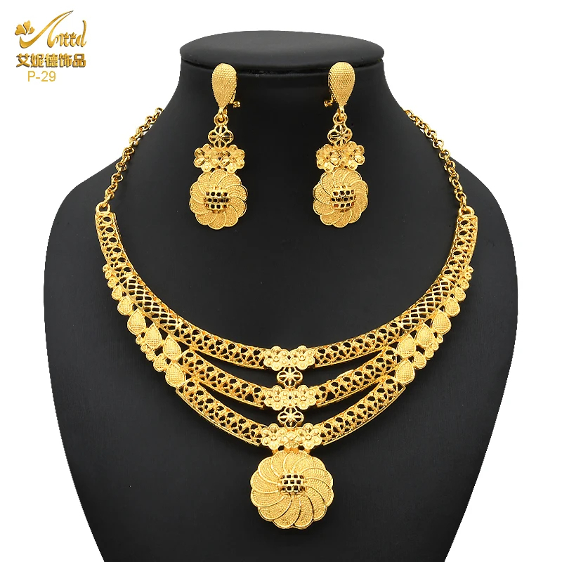 New Dubai 24K Gold Color Jewelry Sets Wedding African Necklace Earrings For Women Nigerian Indian Bridal 4PCS Set Party Gifts