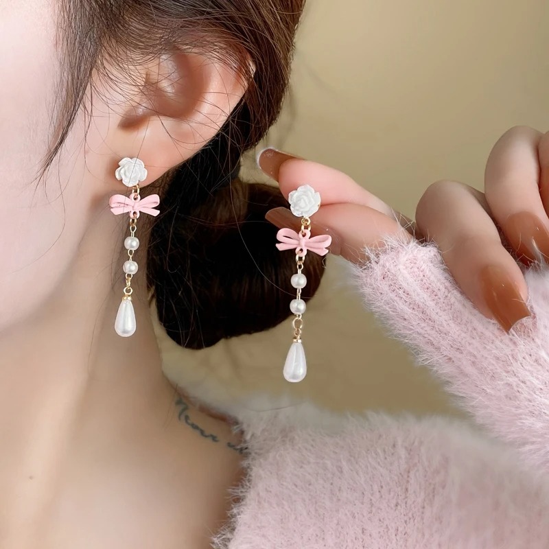 Korean Imitation Pearl Bow Pendant Earrings for Women Minimalist Bowknot Long Tassel Earrings Cute Fashion Jewelry Accessories - Image 4